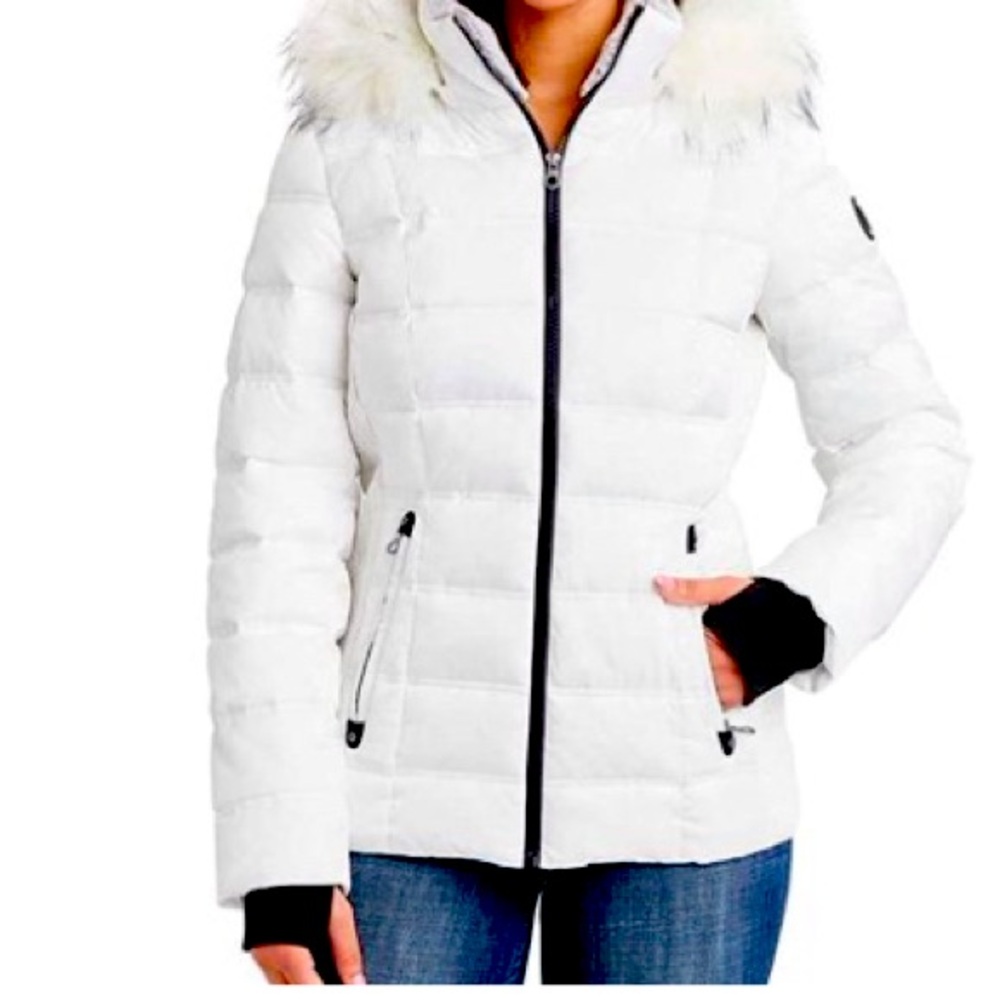 Nautica Womens Faux Fur Trim Hooded Midweight Puffer Jacket(White Large)